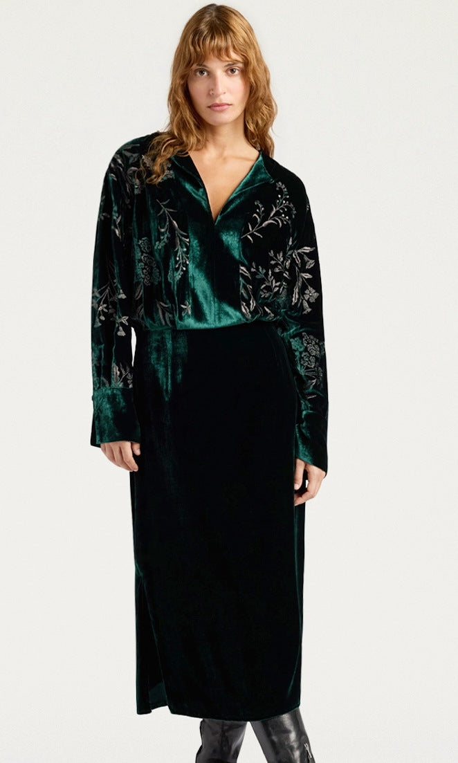 Momoni Embroidered Velvet Bodiam Dress - Bottle Green