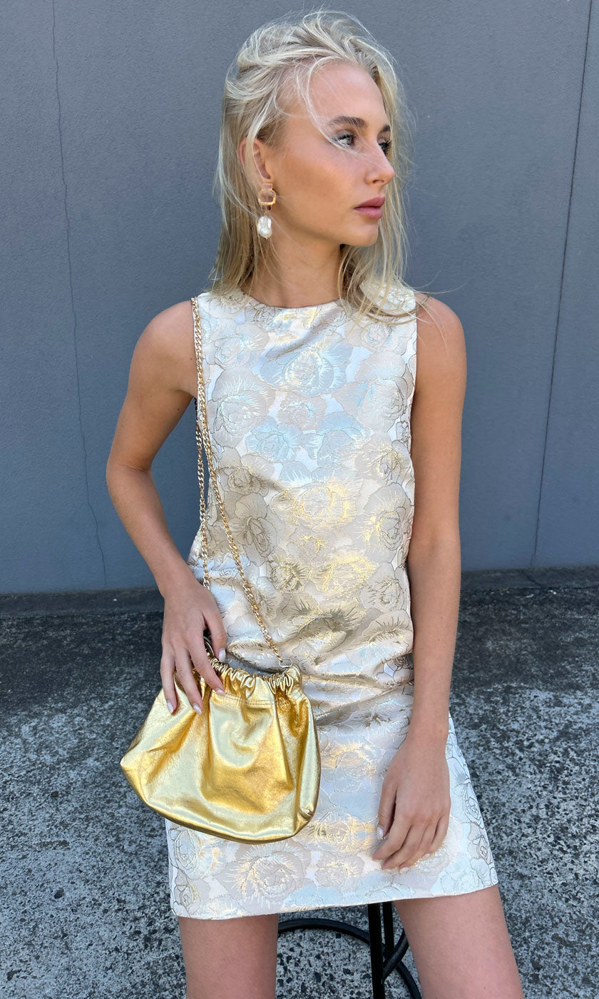 HOSS Frances Shift  Dress - Pale Gold Texured Silk