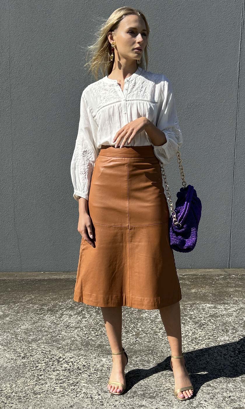 Braided Almond Leather Midi Skirt