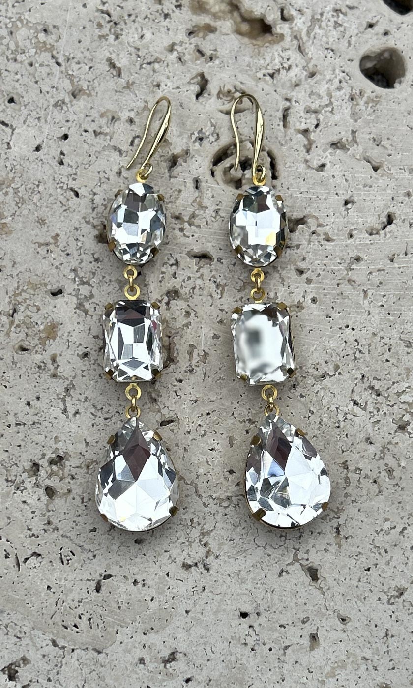 Fleur Triple Drop Hook Earrings - Clear Crystal