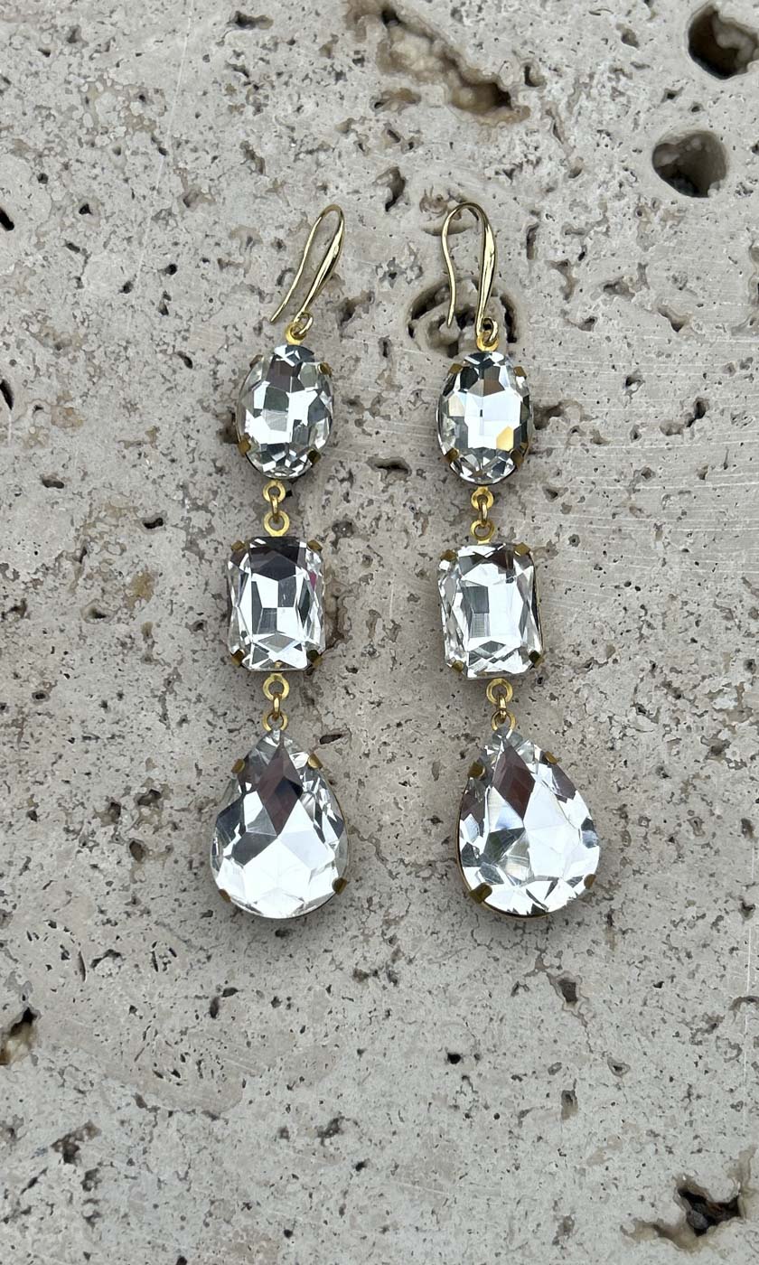 Fleur Triple Drop Hook Earrings - Clear Crystal