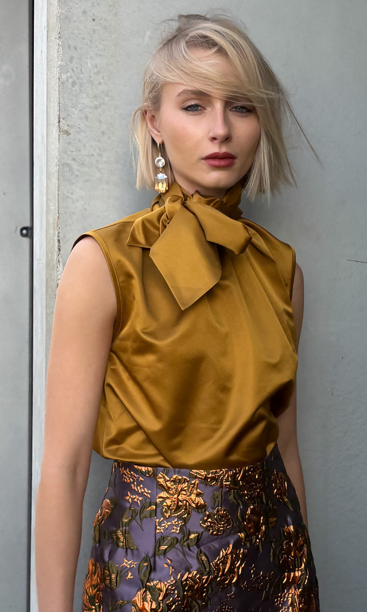 hoss Mardi Silk Top - Dark Gold Satin