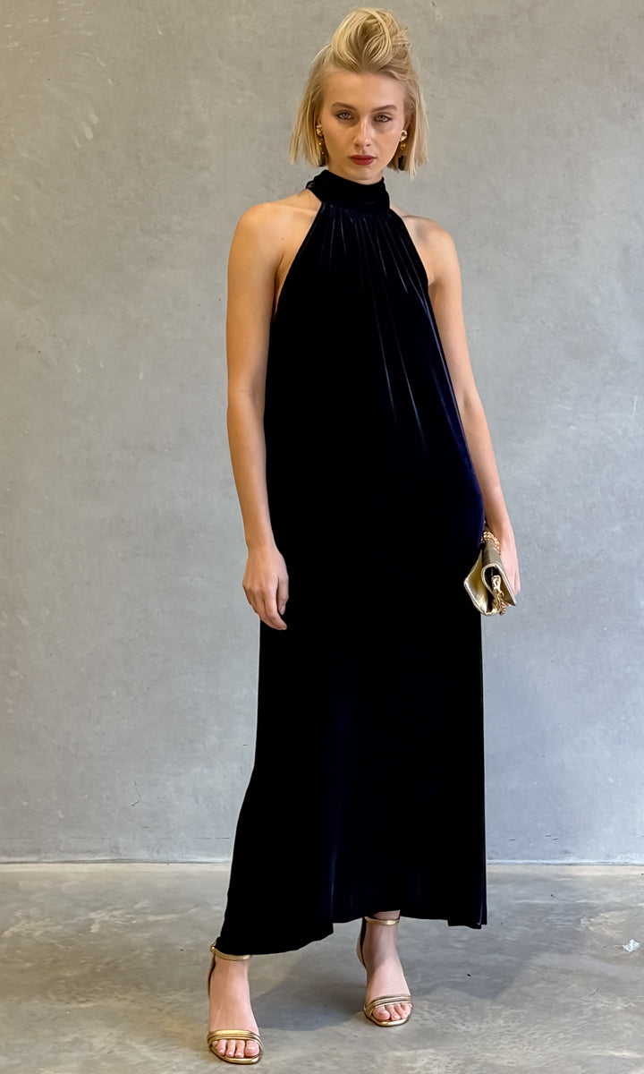 hoss Montreal Maxi Halter Dress - Deep Midnight Blue Velvet