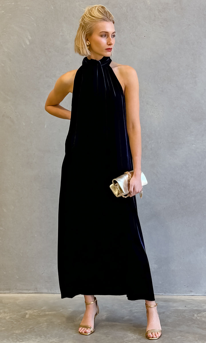 hoss Montreal Maxi Halter Dress - Deep Midnight Blue Velvet