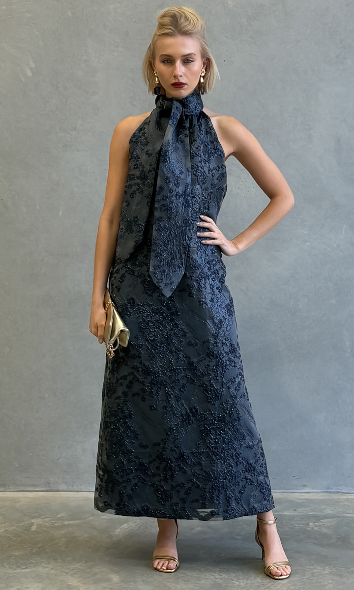 hoss Montreal Maxi Halter Dress - Blue Reef Organza Brocade