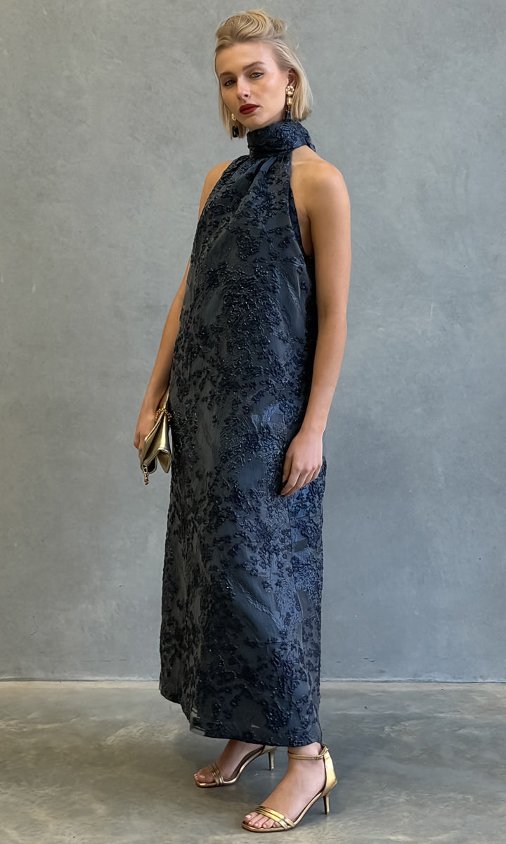 hoss Montreal Maxi Halter Dress - Blue Reef Organza Brocade