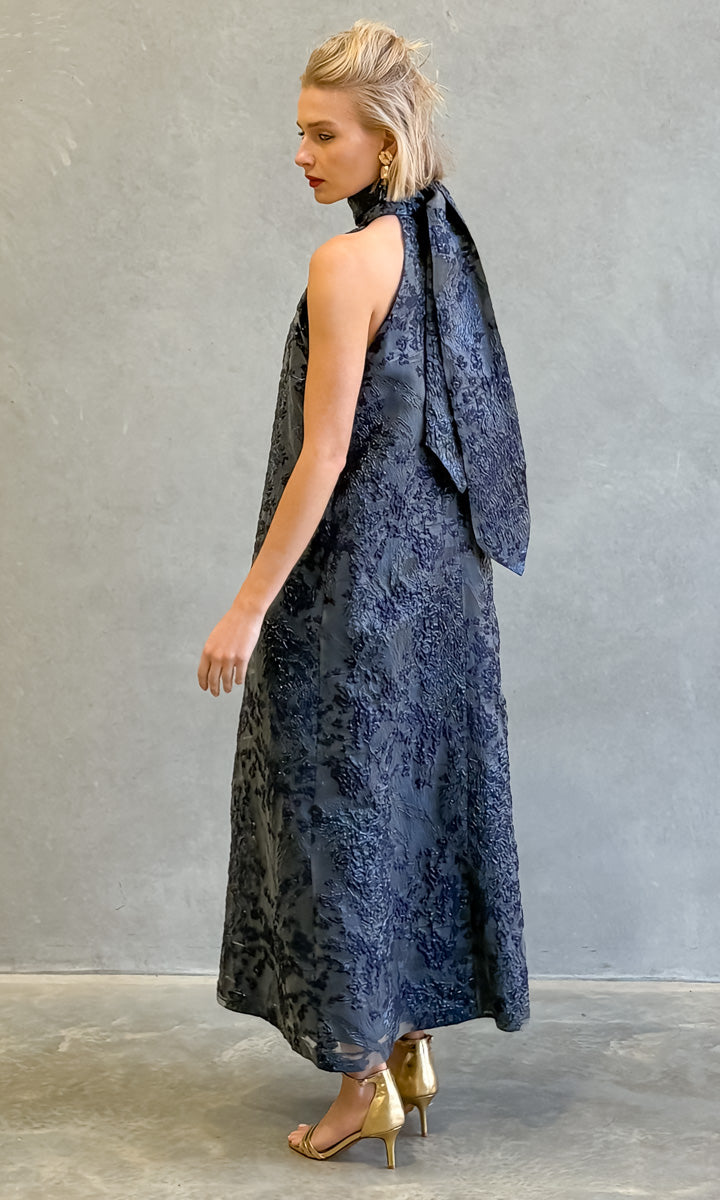 hoss Montreal Maxi Halter Dress - Blue Reef Organza Brocade