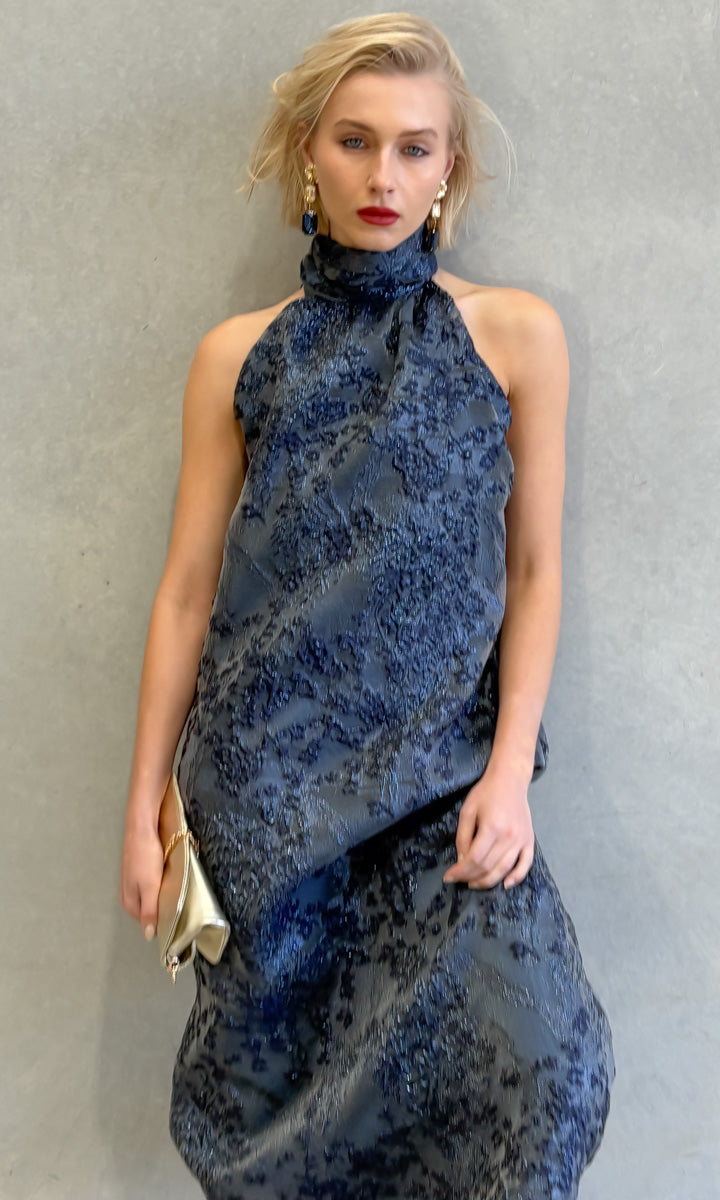 hoss Montreal Maxi Halter Dress - Blue Reef Organza Brocade
