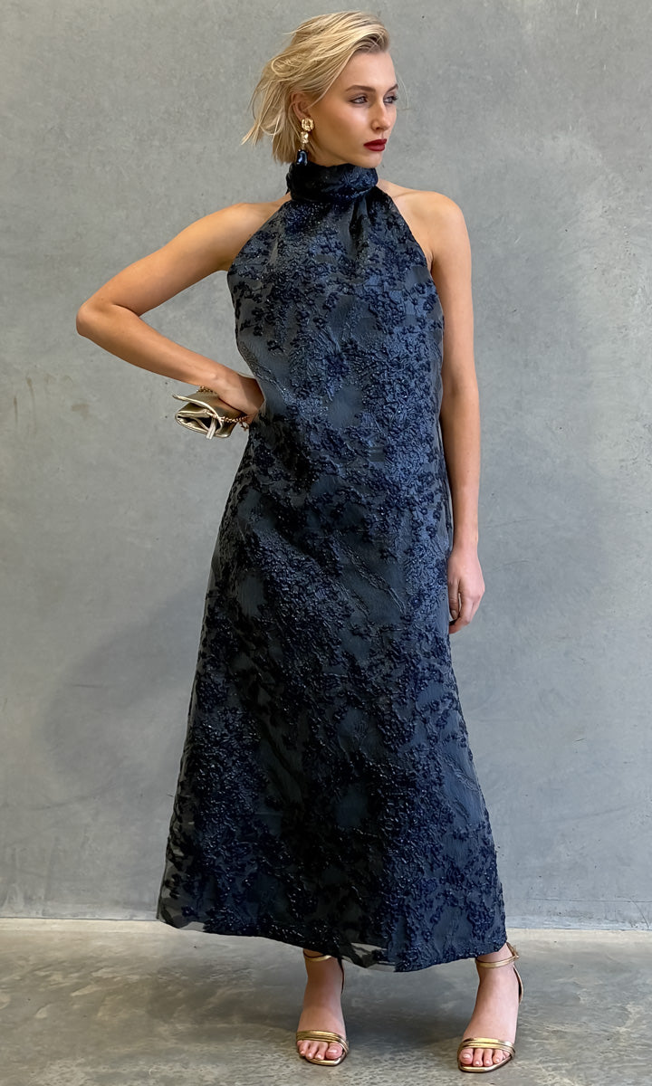 hoss Montreal Maxi Halter Dress - Blue Reef Organza Brocade