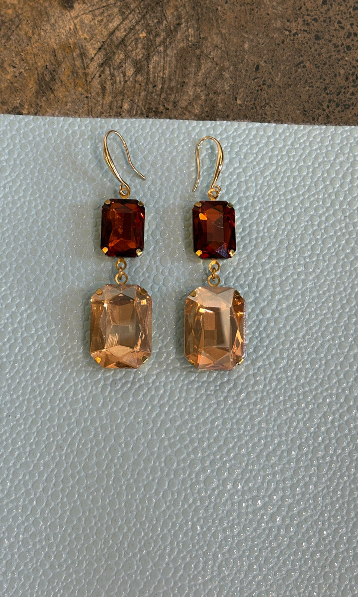 Fleur 2 Drop Hook Earrings - Dark Amber & Champagne