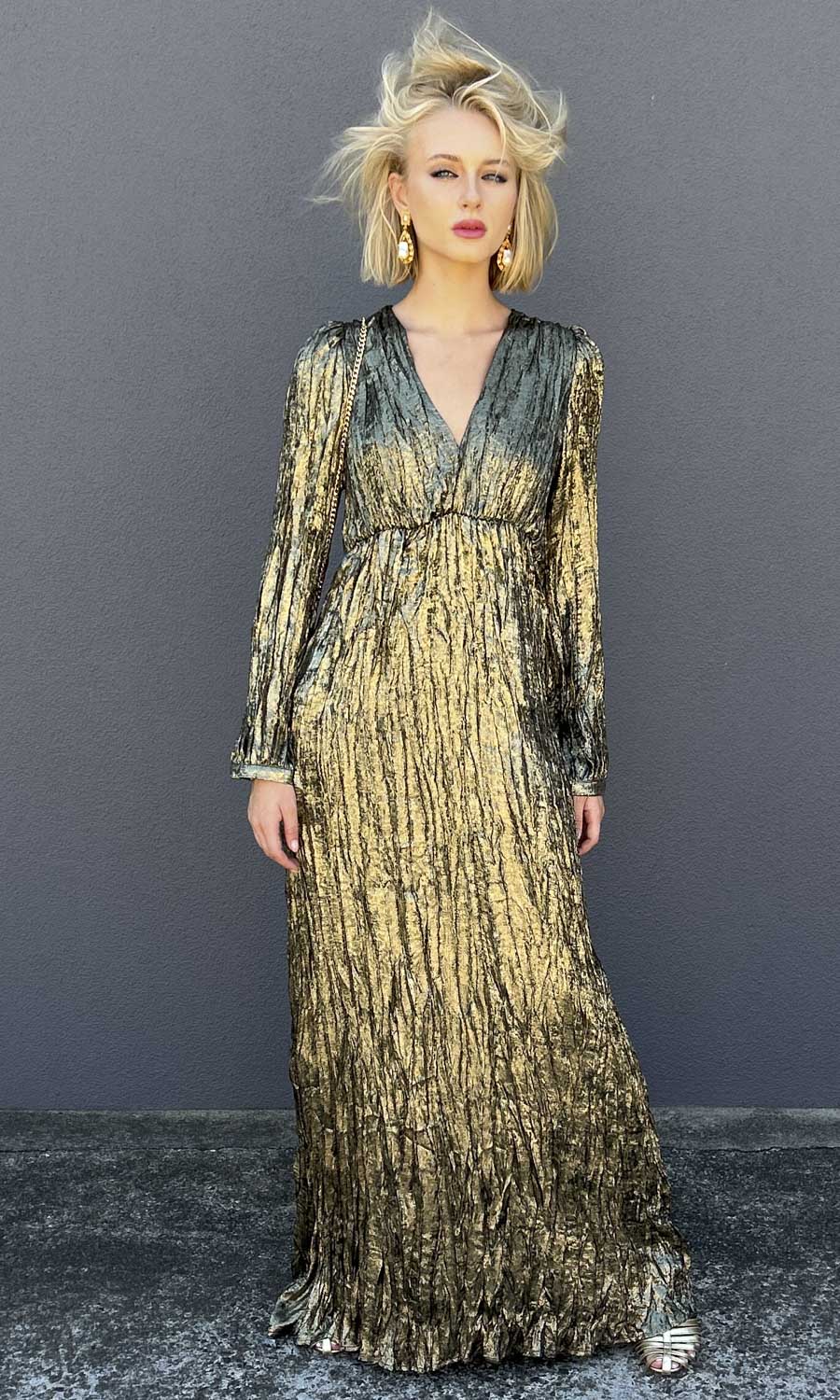 Momoni Ban Maxi Plisse Dark Gold Dress - hoss Momoni Ban Maxi Plisse Dark Gold Dress - hoss