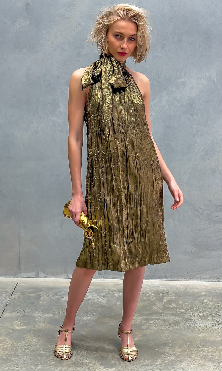 hoss Theron Halter Dress - Crinkle Dark Gold