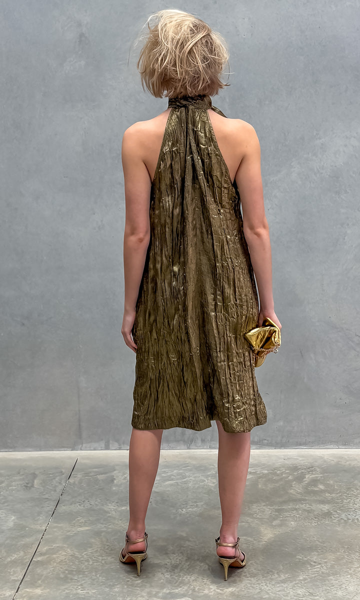 hoss Theron Halter Dress - Crinkle Dark Gold