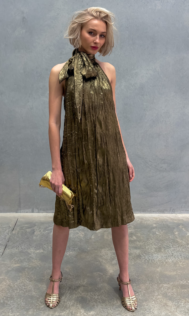 hoss Theron Halter Dress - Crinkle Dark Gold