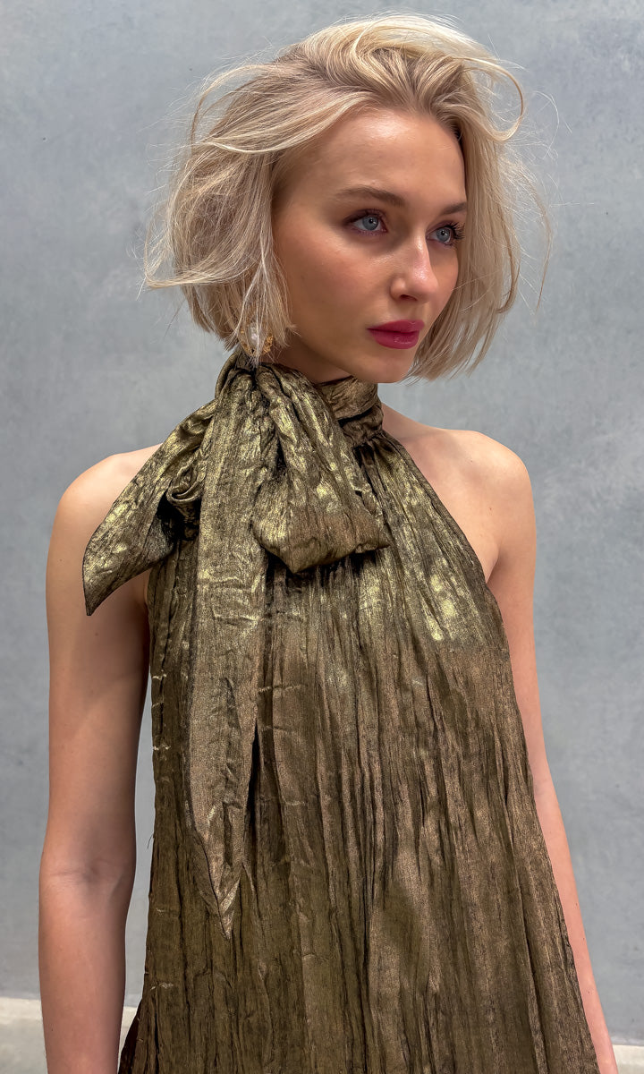 hoss Theron Halter Dress - Crinkle Dark Gold