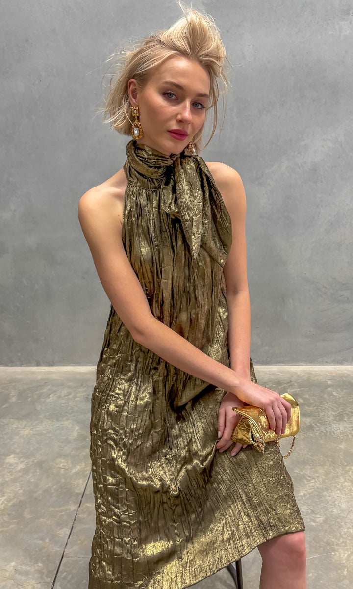 hoss Theron Halter Dress - Crinkle Dark Gold
