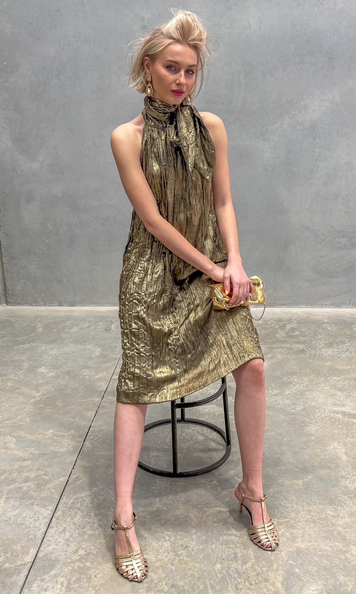 hoss Theron Halter Dress - Crinkle Dark Gold