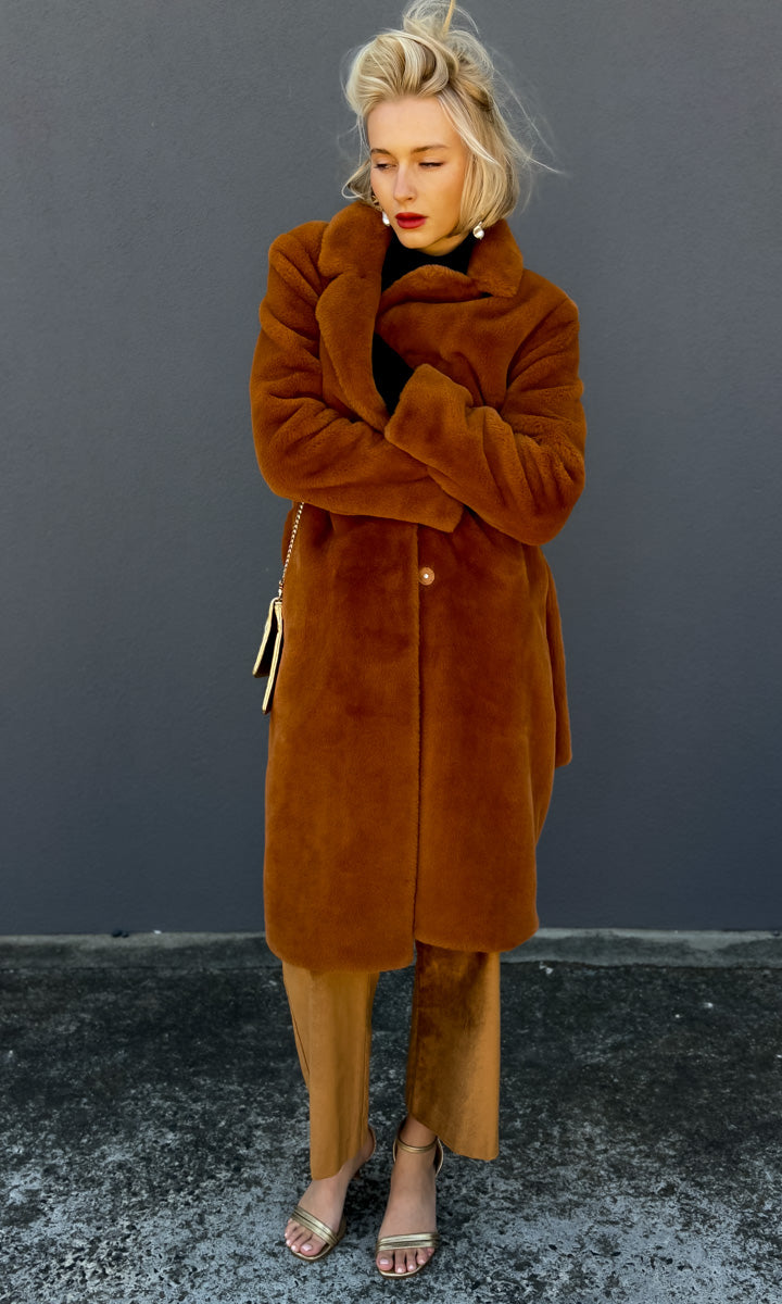 Twinset Milano Faux Fur Coat - Tobacco