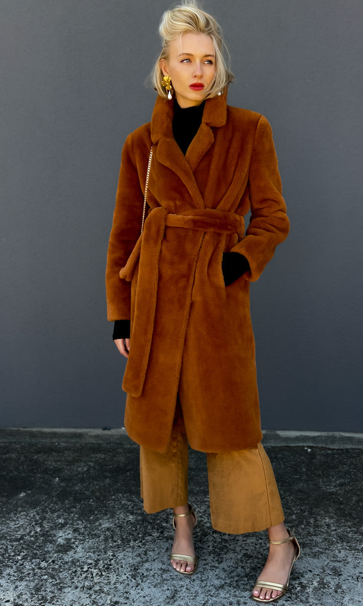 Twinset Milano Faux Fur Coat - Tobacco