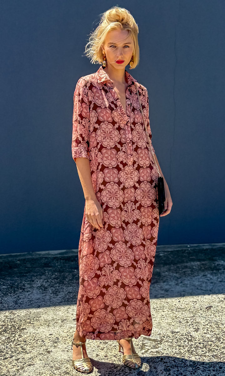 moroccan shirt dress ModaPosa Gabriella Maxi Caftan Shirt Dress in Moroccan Picturesque Bronze Pink Black ModaPosa Online Store