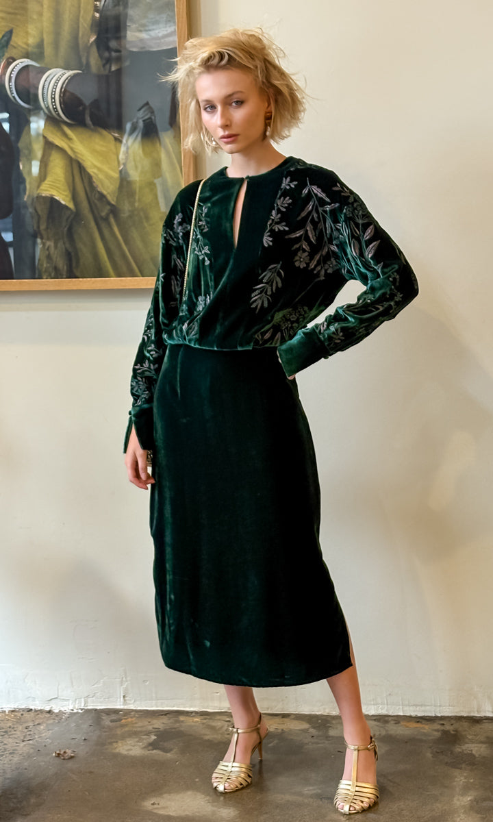 Momoni Embroidered Velvet Bodiam Dress - Bottle Green