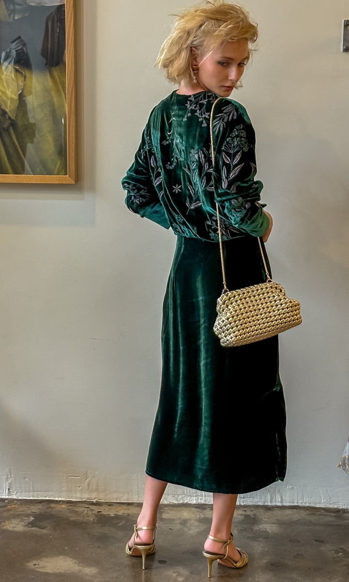 Momoni Embroidered Velvet Bodiam Dress - Bottle Green