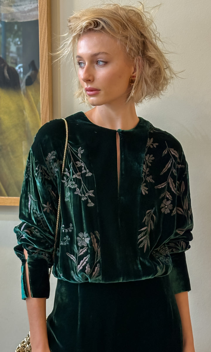Momoni Embroidered Velvet Bodiam Dress - Bottle Green