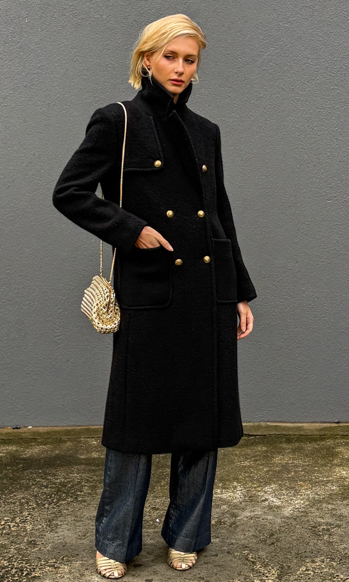 Marella Minimal Coat -  Black Boucle Wool