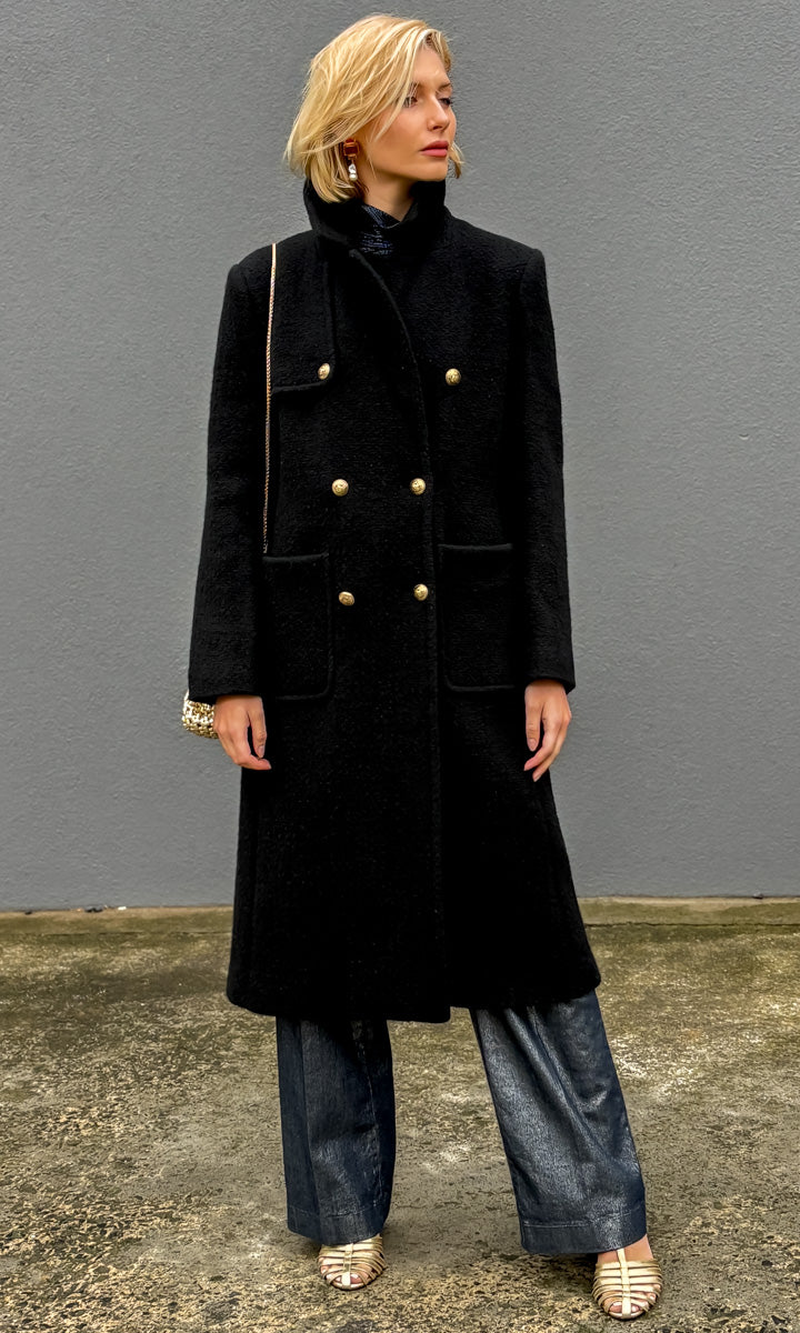 Marella Minimal Coat -  Black Boucle Wool