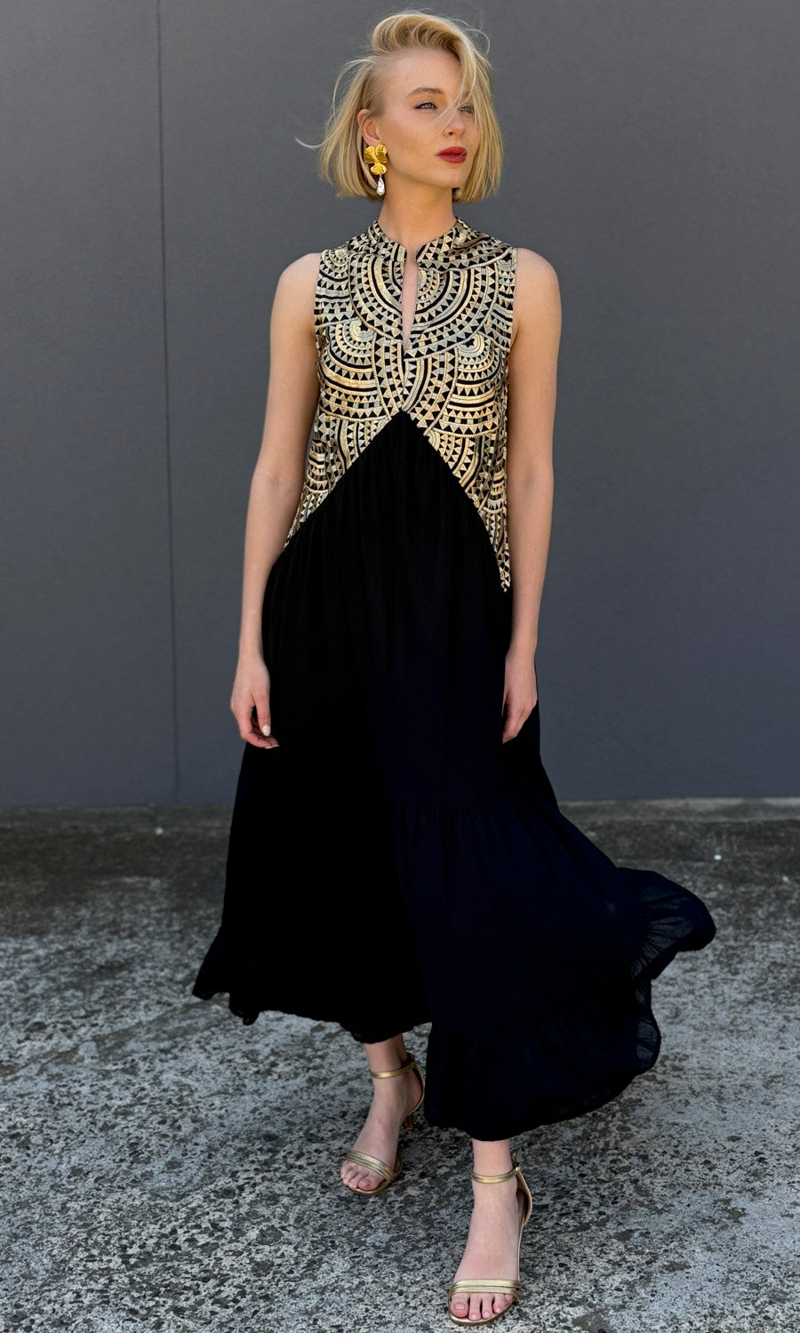 Archaic Kori Black / Gold  Labyrinth Sleeveless Triangle Maxi Dress