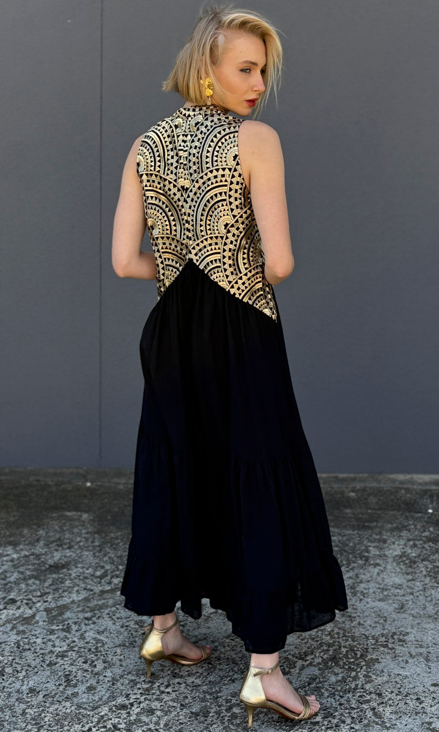 Archaic Kori Black / Gold  Labyrinth Sleeveless Triangle Maxi Dress