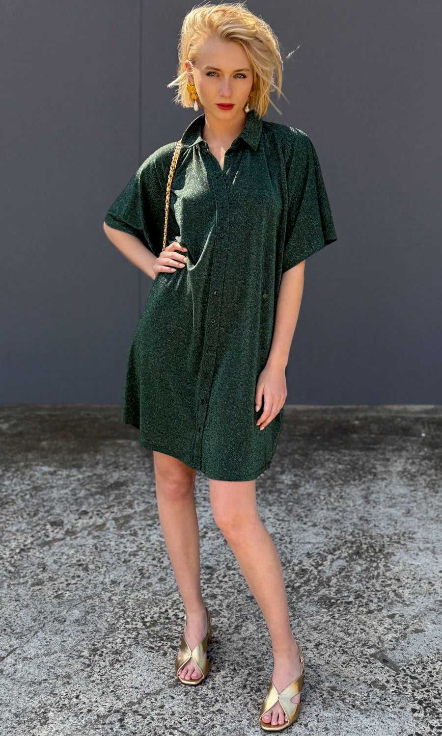 Momoni Asadeo Lurex Shirt Dress -  Emerald