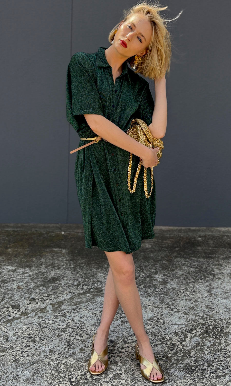 Momoni Asadeo Lurex Shirt Dress -  Emerald