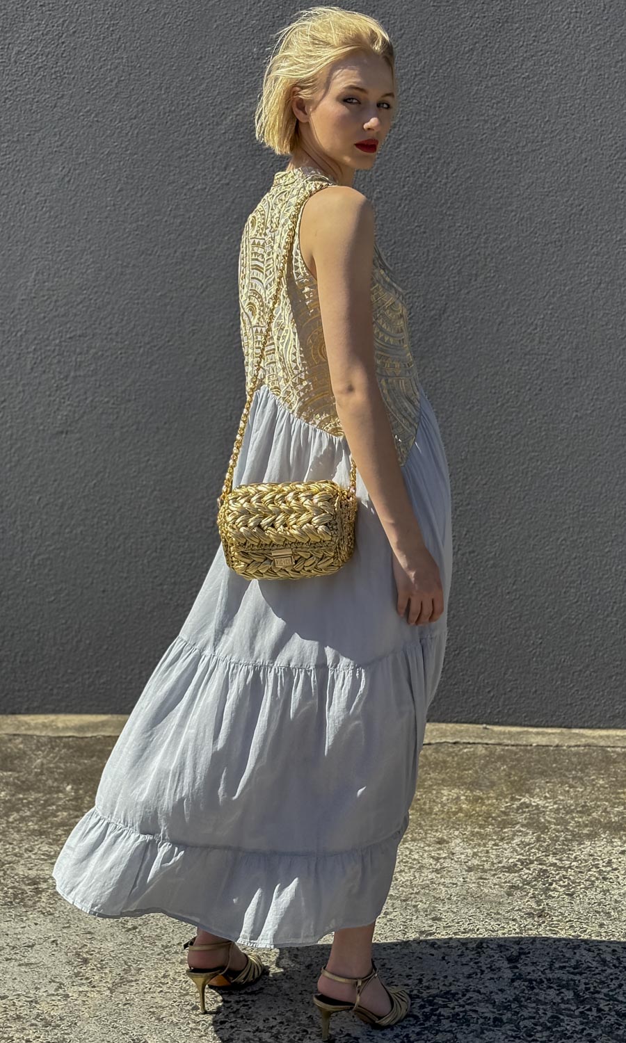 Archaic Kori Blue/Gold  Labyrinth Sleeveless Triangle Maxi Dress