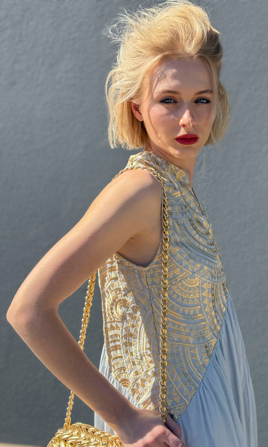 Archaic Kori Blue/Gold  Labyrinth Sleeveless Triangle Maxi Dress