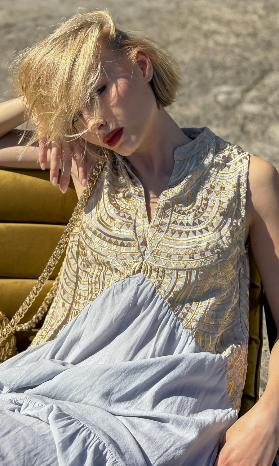 Archaic Kori Blue/Gold  Labyrinth Sleeveless Triangle Maxi Dress
