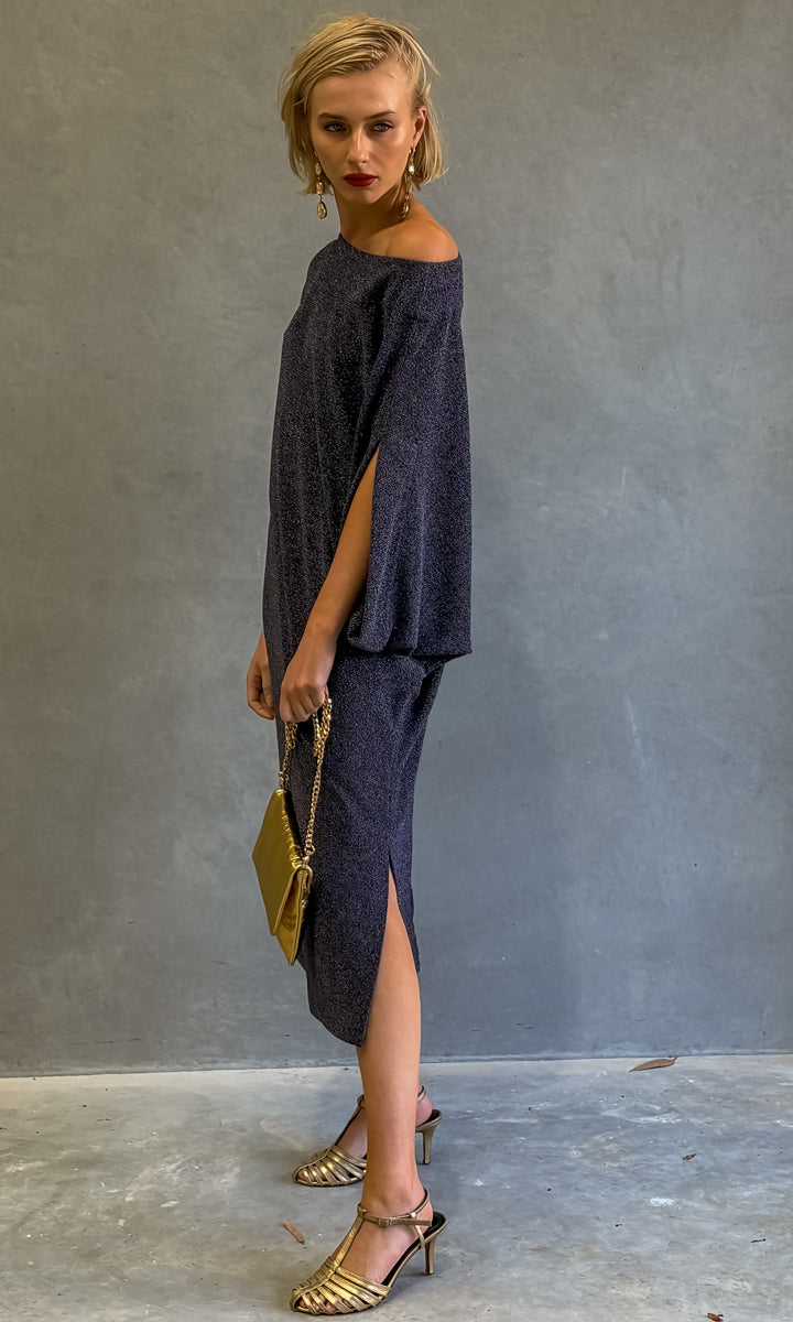 hoss Aramis Knitted Off Shoulder Midi - Midnight Blue