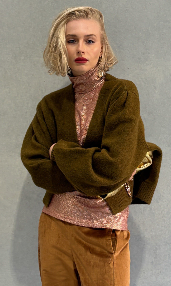 Charlie Oversized Gold Button Cardi - Forest Green