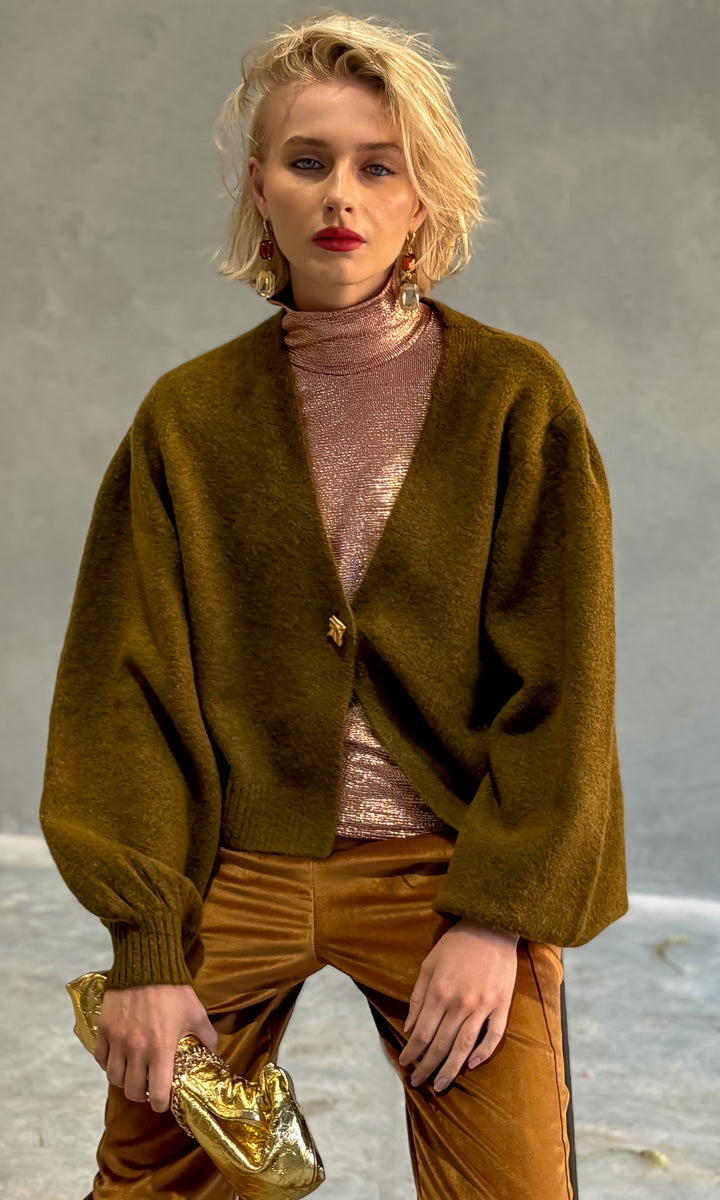 Charlie Oversized Gold Button Cardi - Forest Green