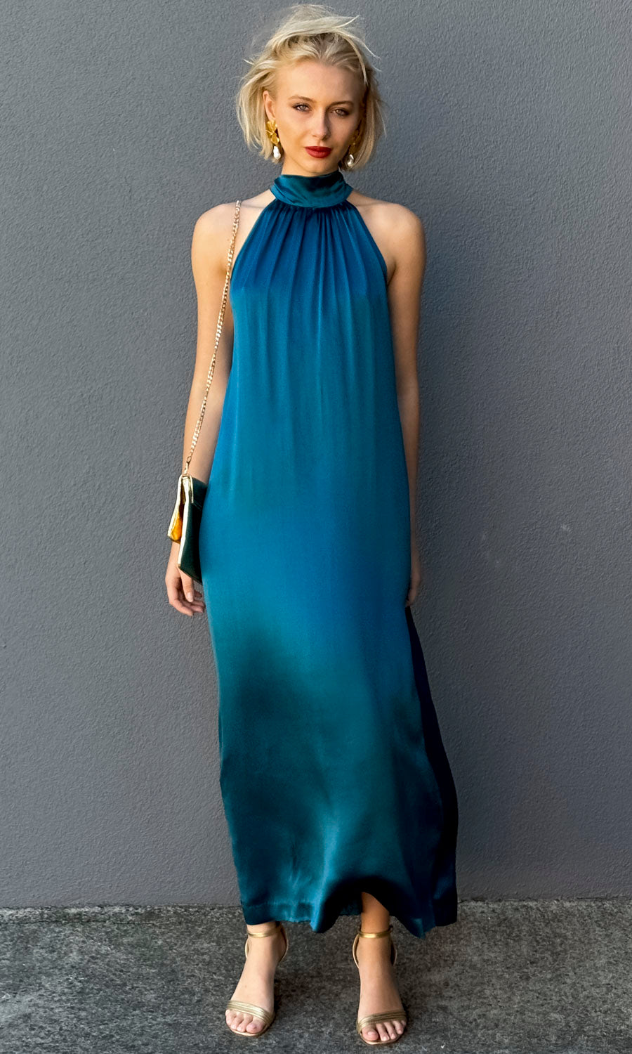 hoss Montreal Neck Tie Maxi Halter Dress - Blue Silk