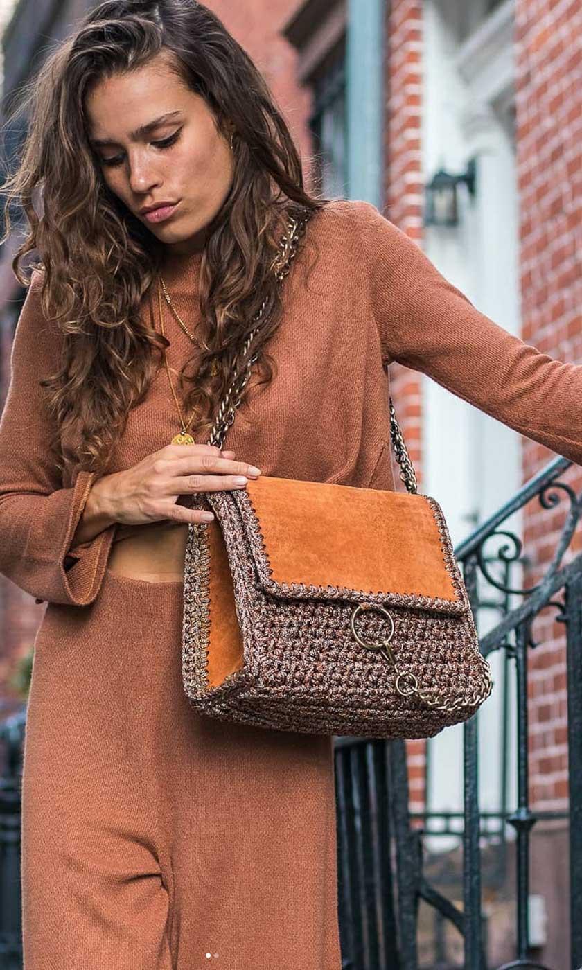 Tan Suede Two Tone Knitted Handbag - Large