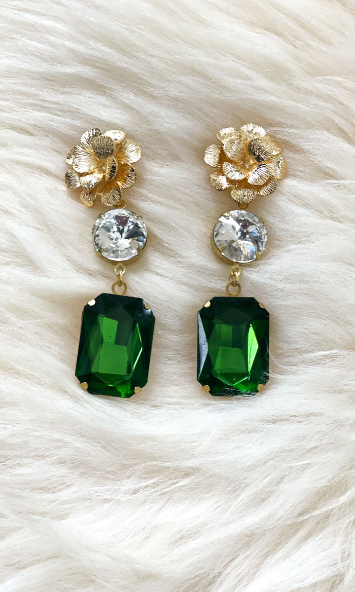 Fleur 2 Drop Earrings - Emerald Green