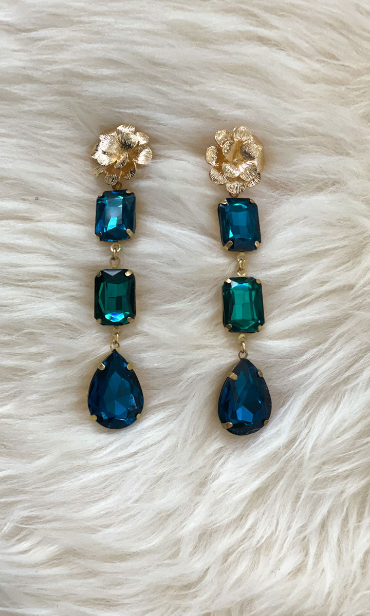 Fleur 3 Drop  Sapphire Earrings - Saphire/Emerald